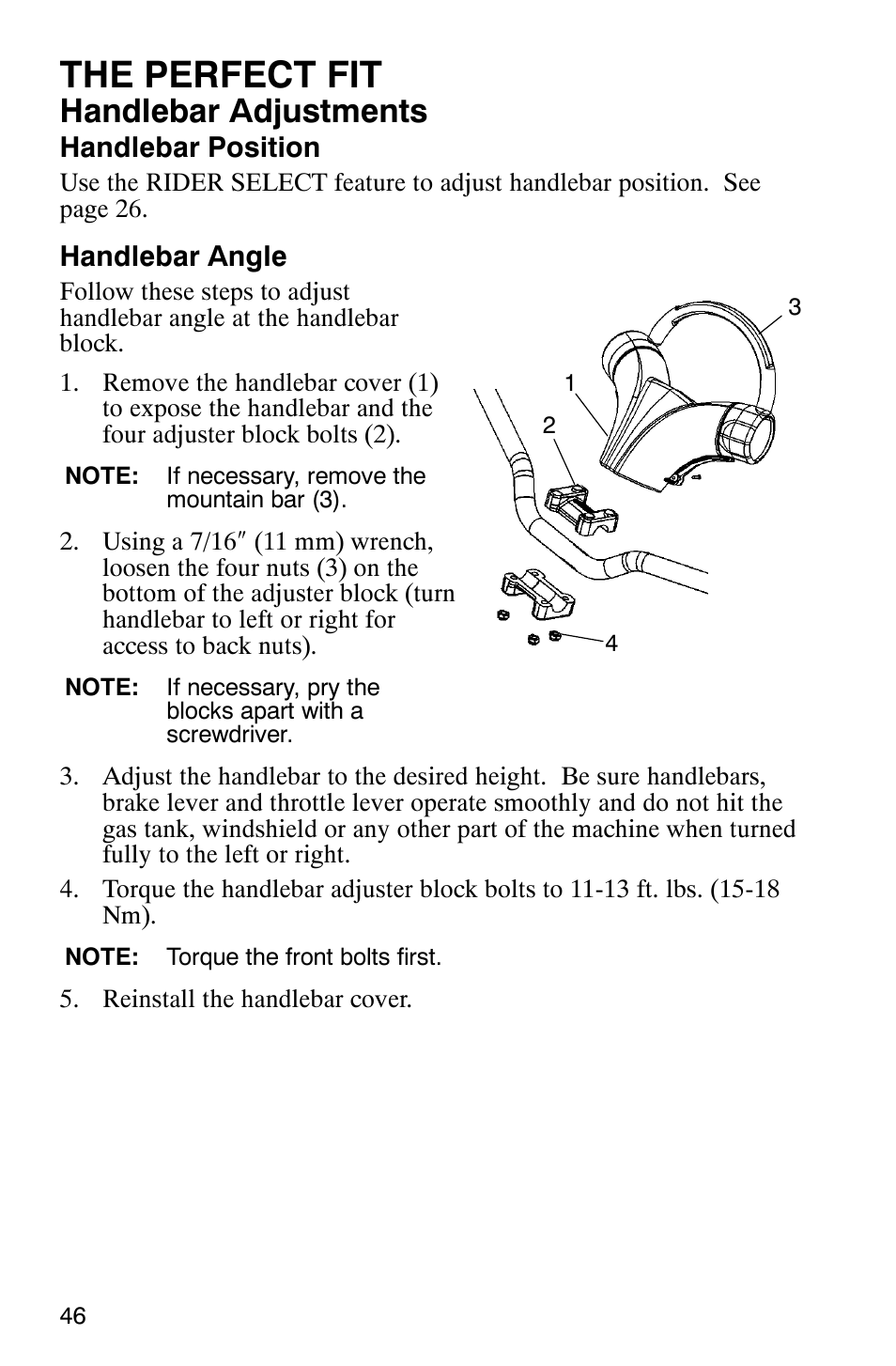 The perfect fit, Handlebar adjustments | Polaris 600 RMK User Manual | Page 49 / 127