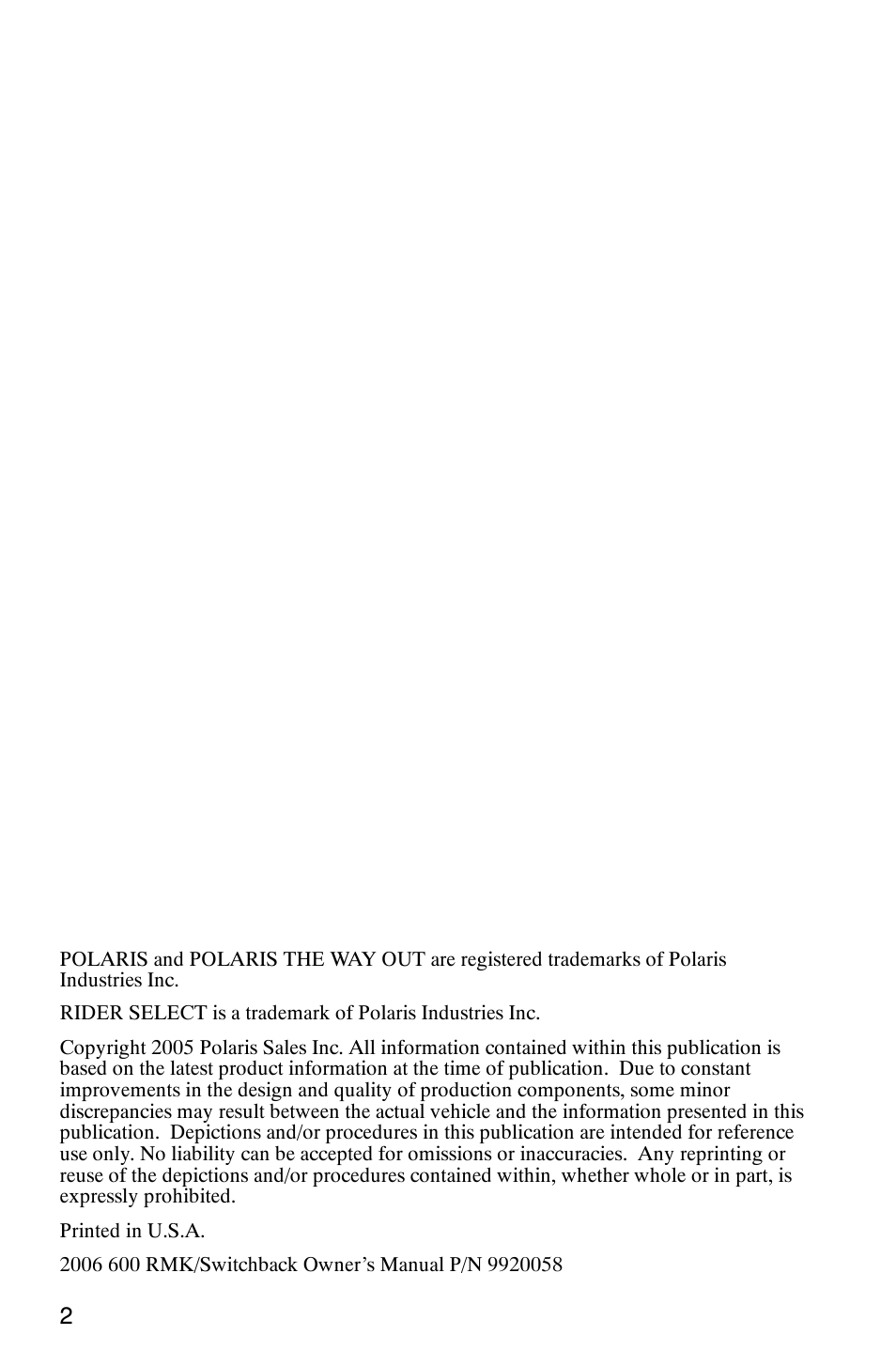 Polaris 600 RMK User Manual | Page 5 / 127