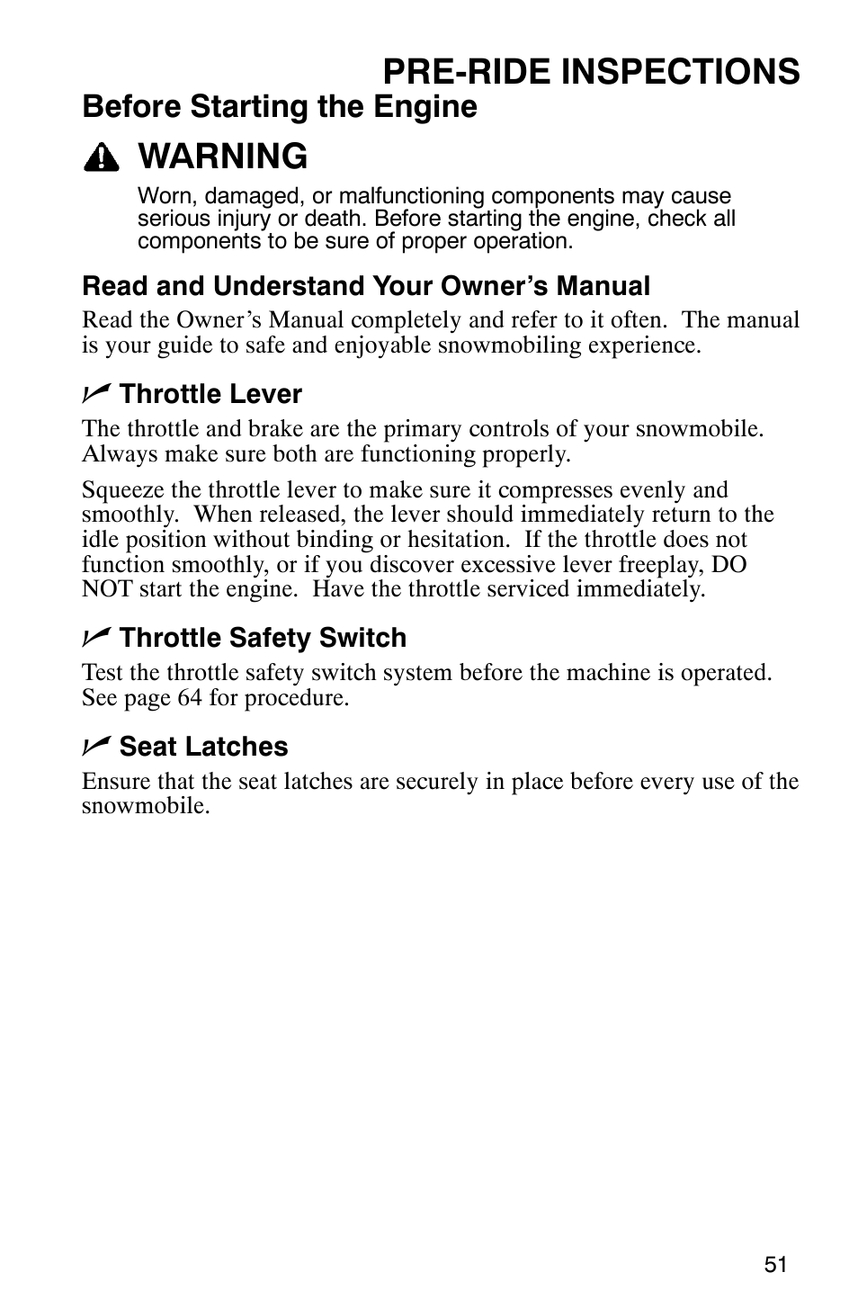 Pre-ride inspections, Warning, Before starting the engine | Polaris 600 RMK User Manual | Page 54 / 127