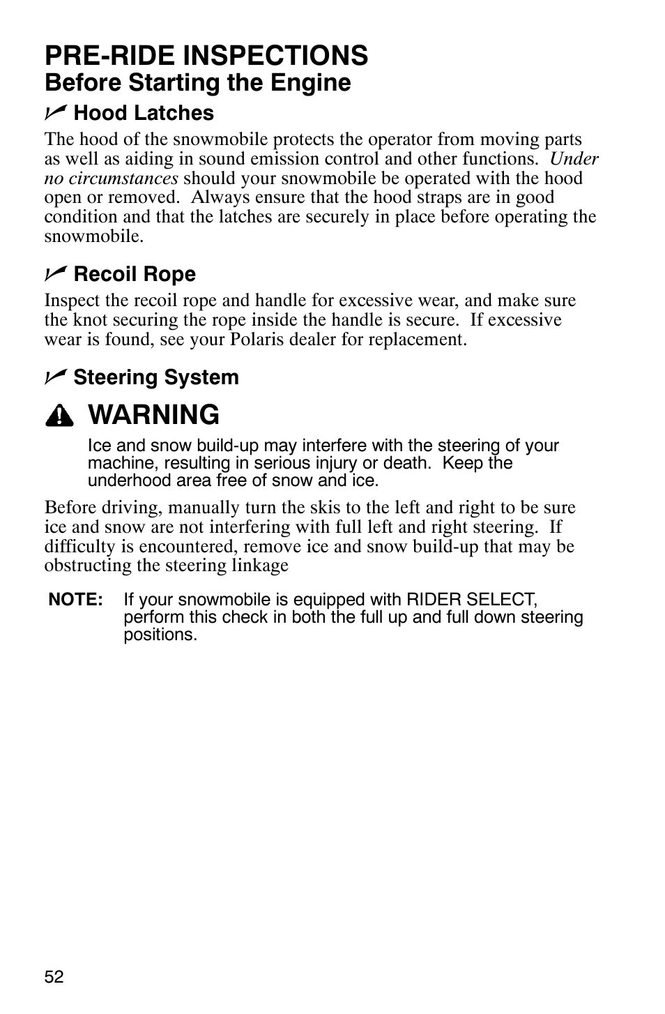 Pre-ride inspections, Warning, Before starting the engine n | Polaris 600 RMK User Manual | Page 55 / 127