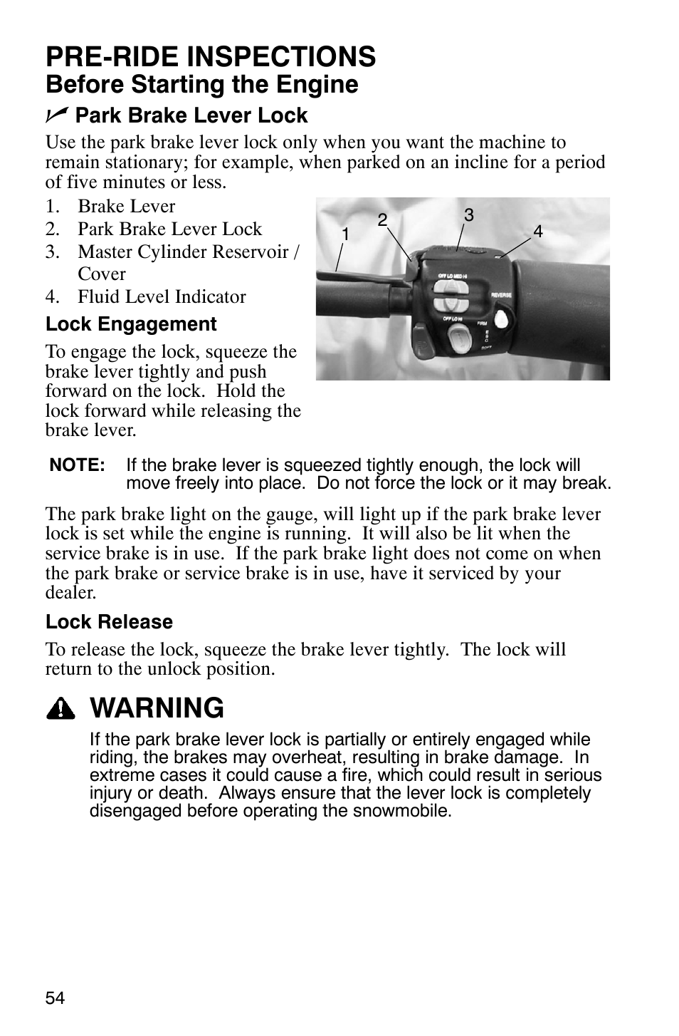 Pre-ride inspections, Warning, Before starting the engine n | Polaris 600 RMK User Manual | Page 57 / 127