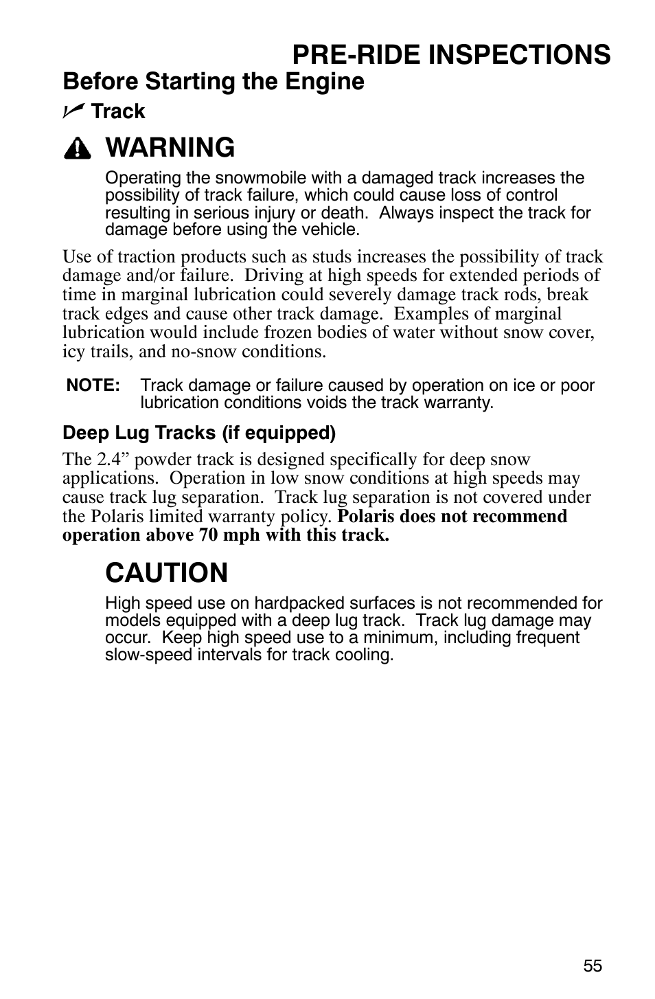 Pre-ride inspections, Warning, Caution | Before starting the engine n | Polaris 600 RMK User Manual | Page 58 / 127