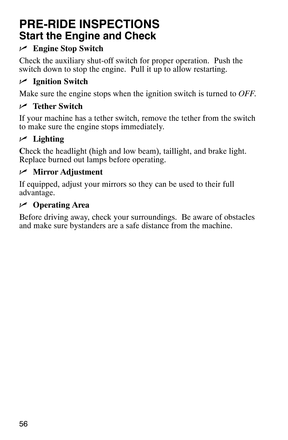 Pre-ride inspections, Start the engine and check | Polaris 600 RMK User Manual | Page 59 / 127