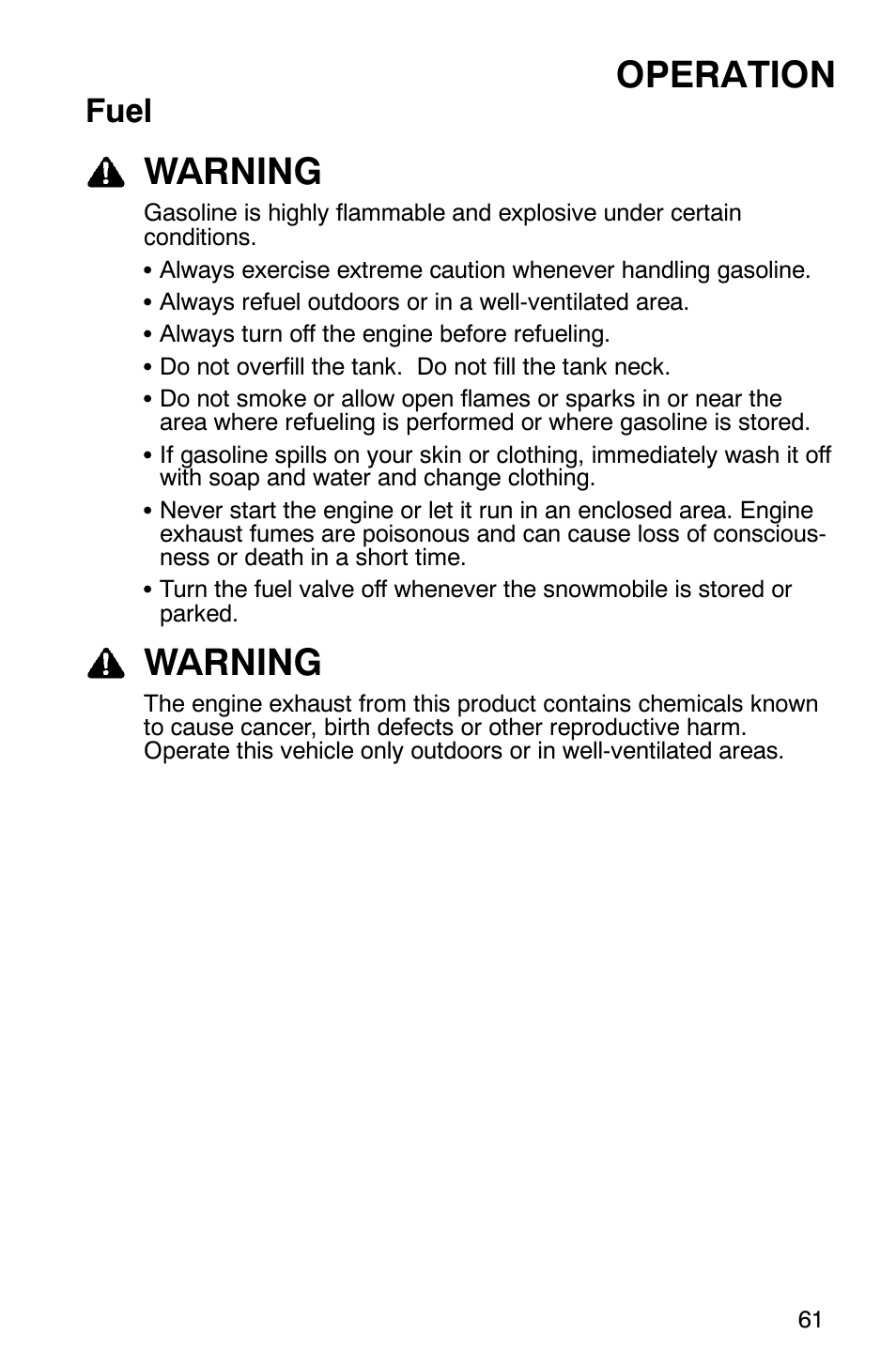 Operation, Warning, Fuel | Polaris 600 RMK User Manual | Page 64 / 127