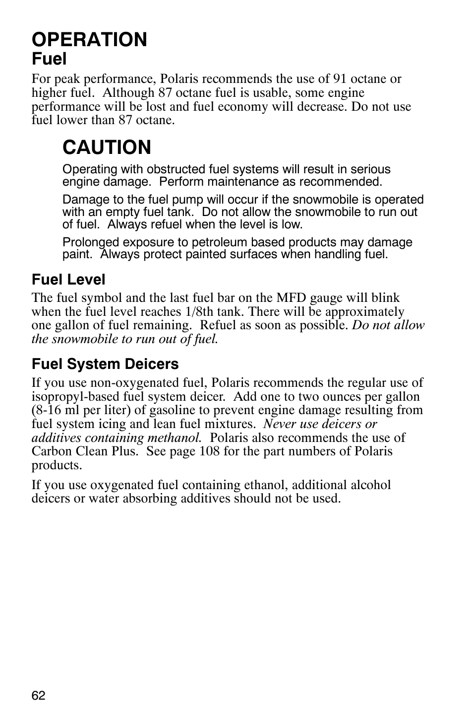 Operation, Caution, Fuel | Polaris 600 RMK User Manual | Page 65 / 127