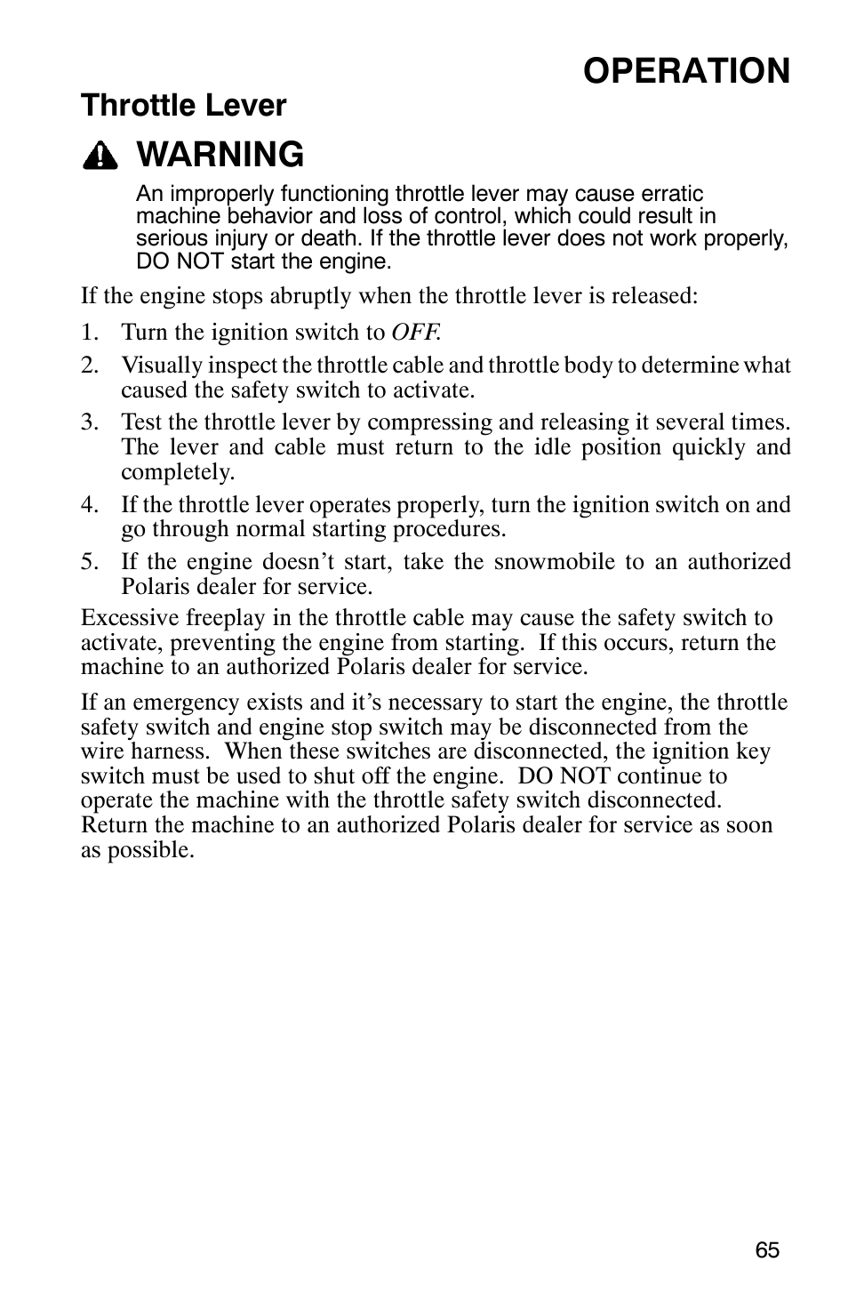 Operation, Warning, Throttle lever | Polaris 600 RMK User Manual | Page 68 / 127