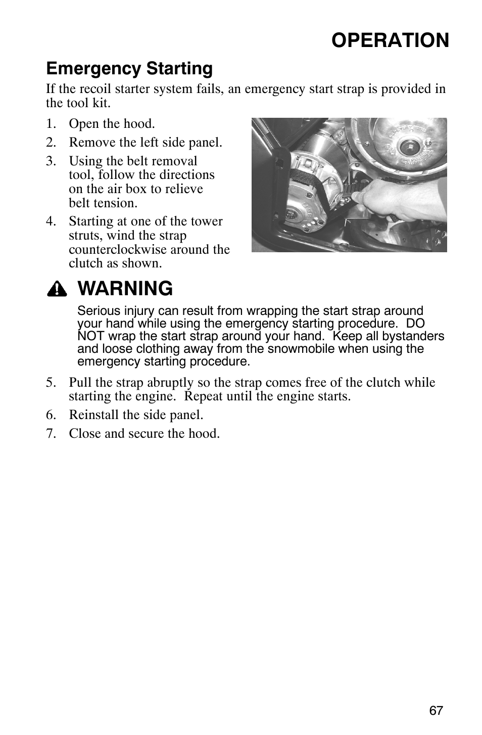 Operation, Warning, Emergency starting | Polaris 600 RMK User Manual | Page 70 / 127