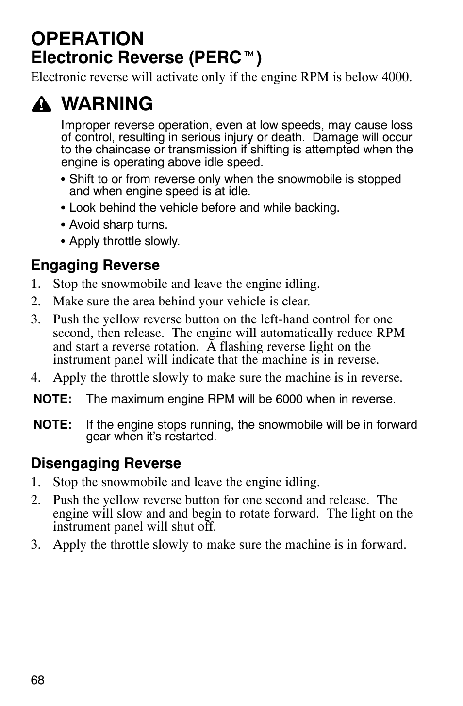 Operation, Warning, Electronic reverse (perc t ) | Polaris 600 RMK User Manual | Page 71 / 127