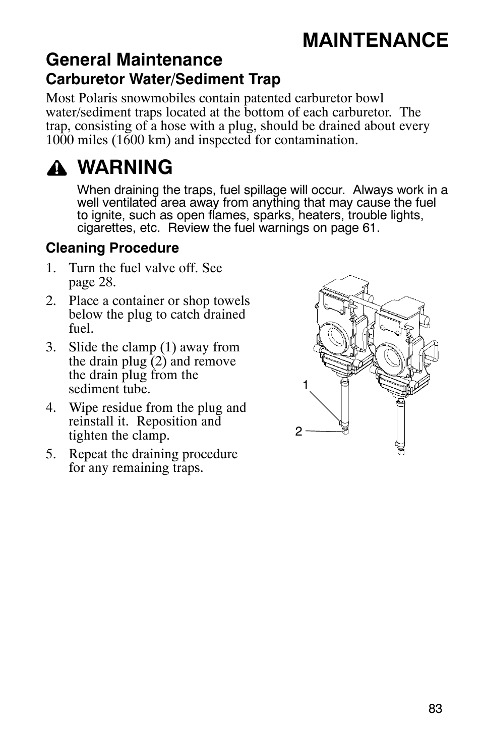 Maintenance, Warning, General maintenance | Polaris 600 RMK User Manual | Page 86 / 127