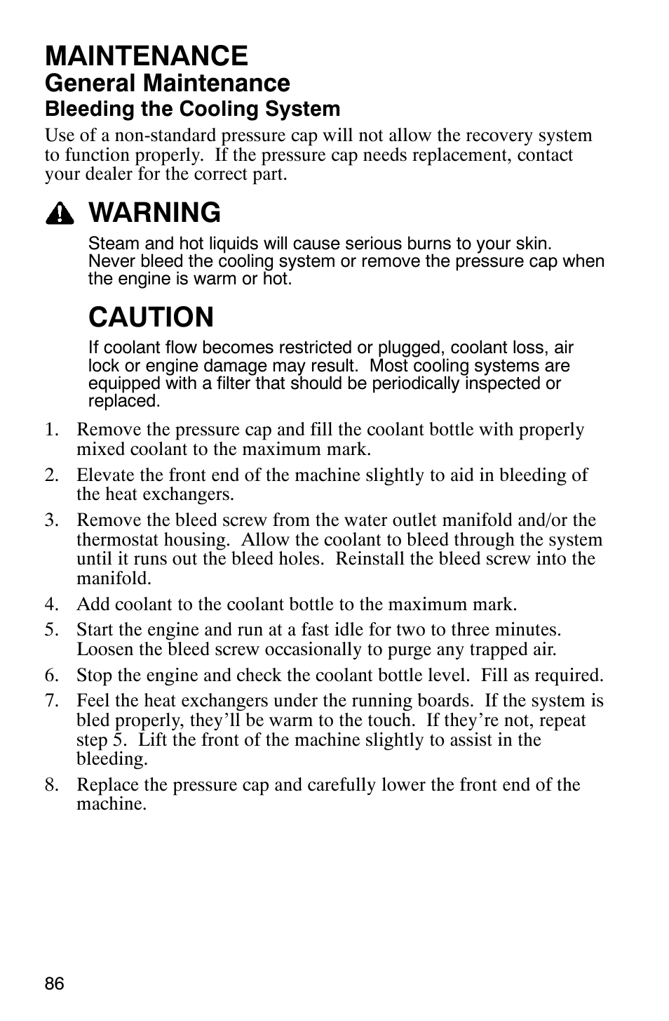 Maintenance, Warning, Caution | General maintenance | Polaris 600 RMK User Manual | Page 89 / 127