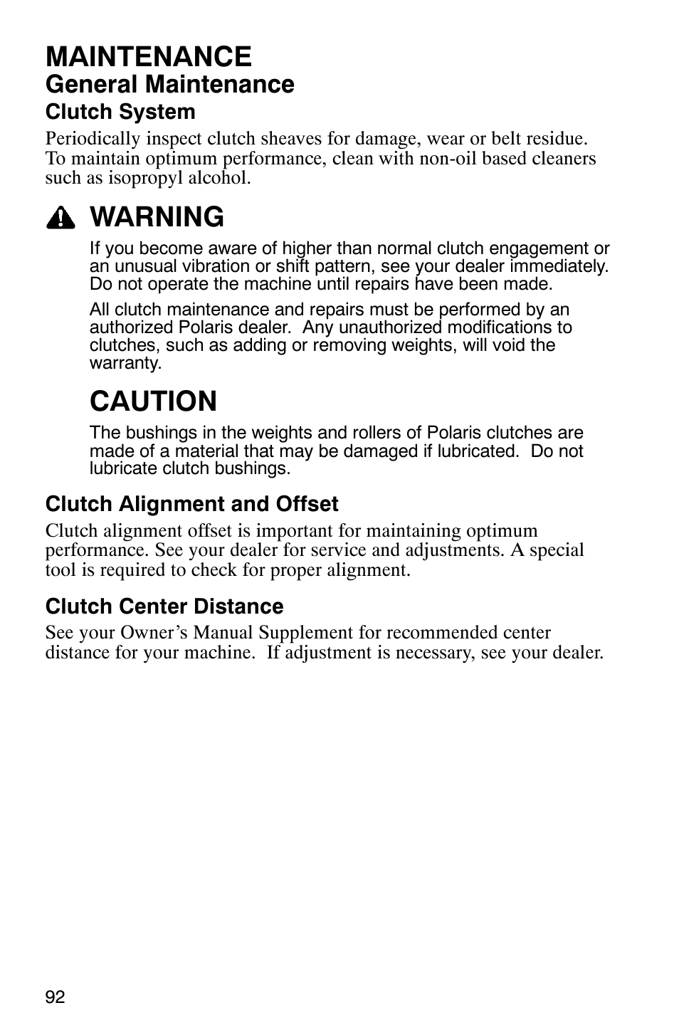 Maintenance, Warning, Caution | General maintenance | Polaris 600 RMK User Manual | Page 95 / 127