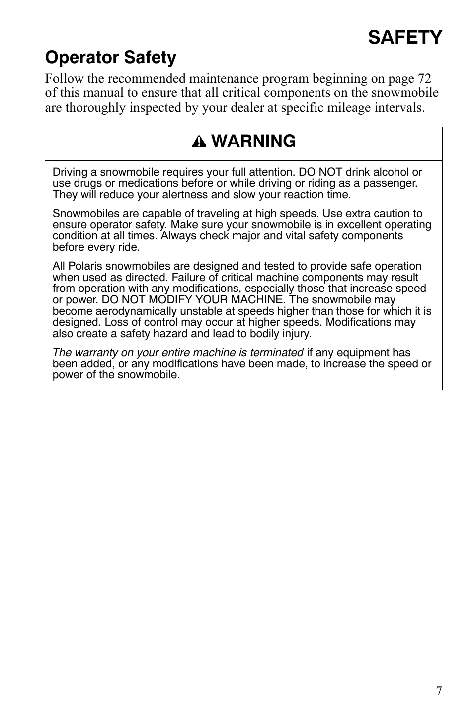 Safety, Operator safety, Warning | Polaris 550 Transport User Manual | Page 10 / 139