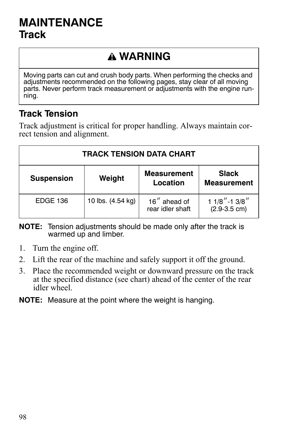 Maintenance, Track, Warning | Track tension | Polaris 550 Transport User Manual | Page 101 / 139