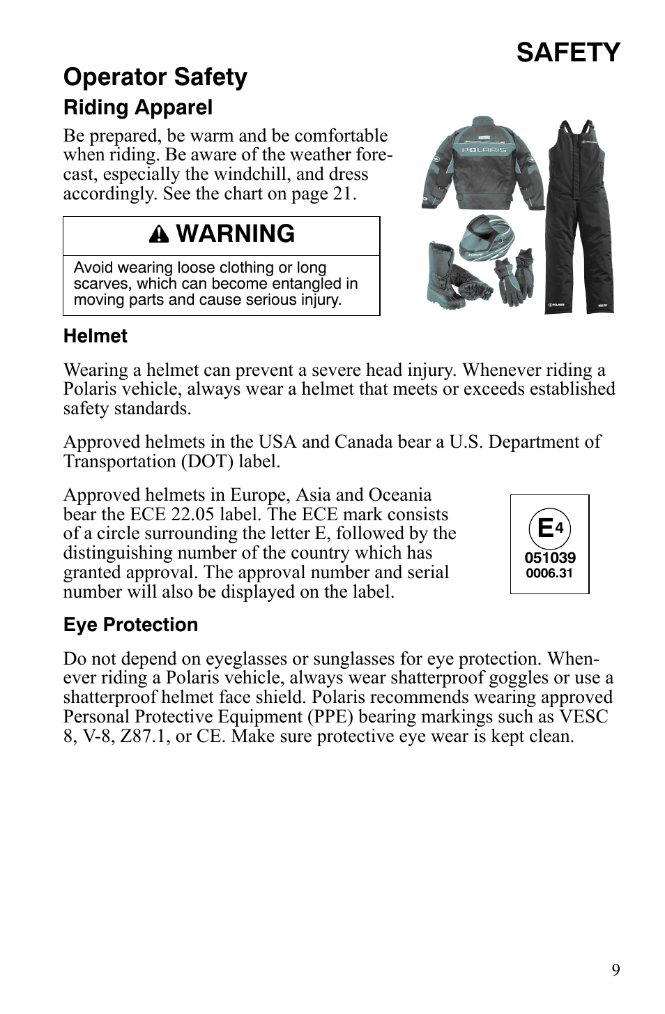 Safety, Operator safety, Warning | Polaris 550 Transport User Manual | Page 12 / 139