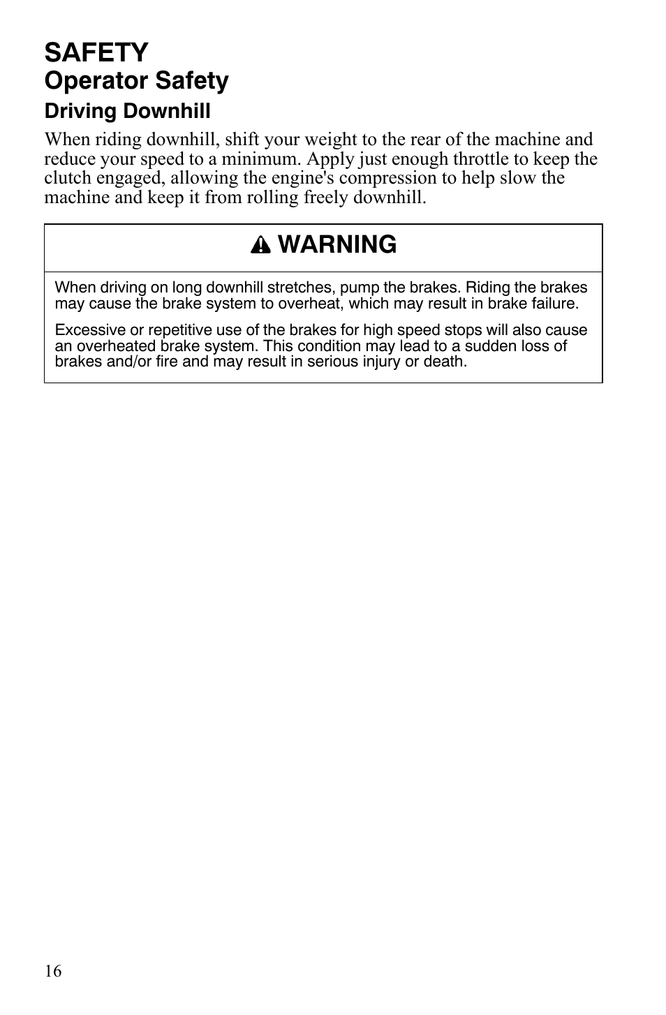 Safety, Operator safety, Warning | Polaris 550 Transport User Manual | Page 19 / 139