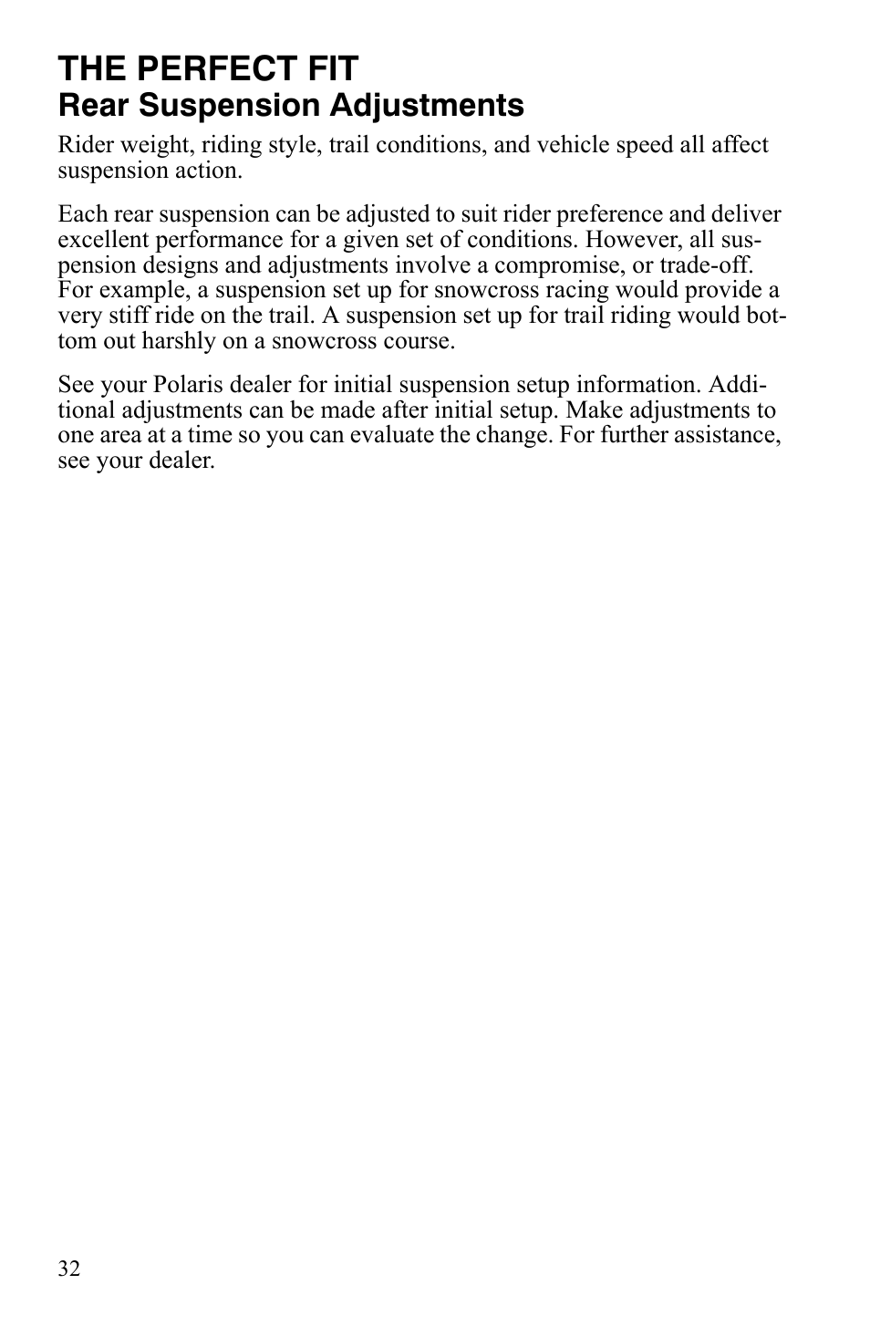 The perfect fit, Rear suspension adjustments | Polaris 550 Transport User Manual | Page 35 / 139