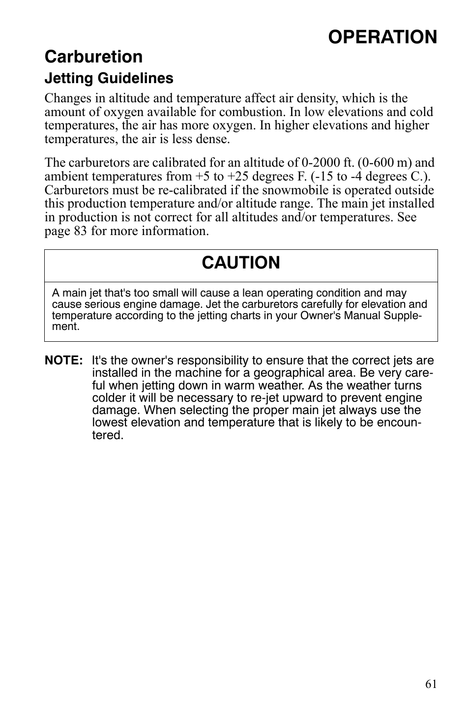 Operation, Carburetion, Caution | Polaris 550 Transport User Manual | Page 64 / 139