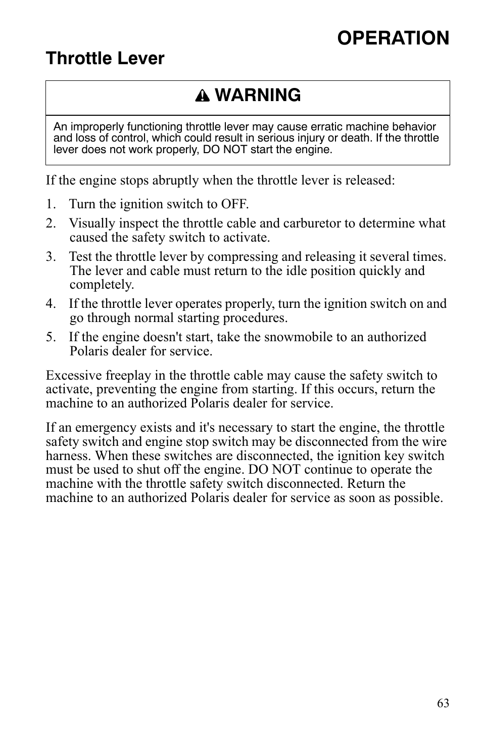 Operation, Throttle lever, Warning | Polaris 550 Transport User Manual | Page 66 / 139