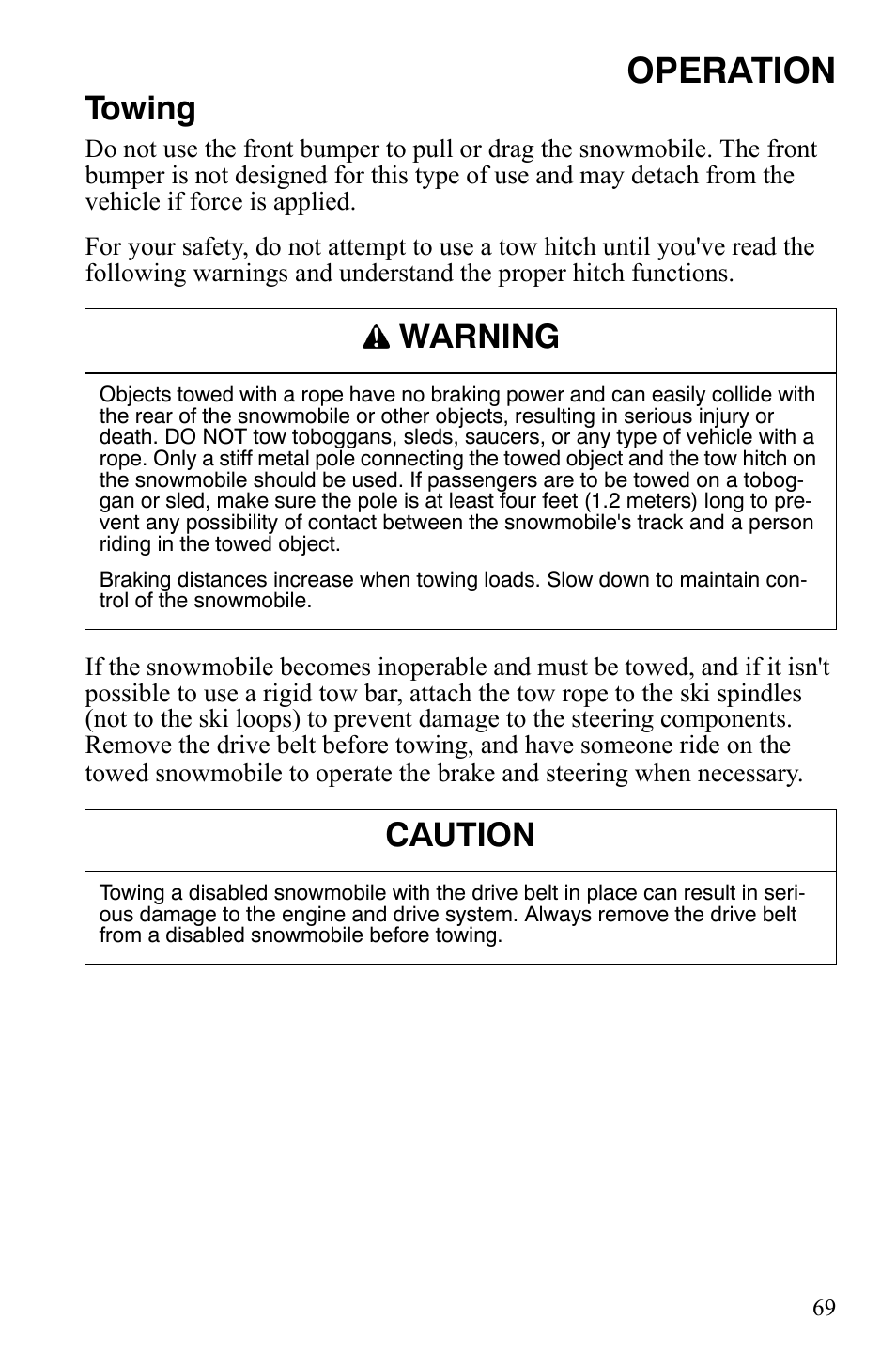 Operation, Towing, Warning | Caution | Polaris 550 Transport User Manual | Page 72 / 139