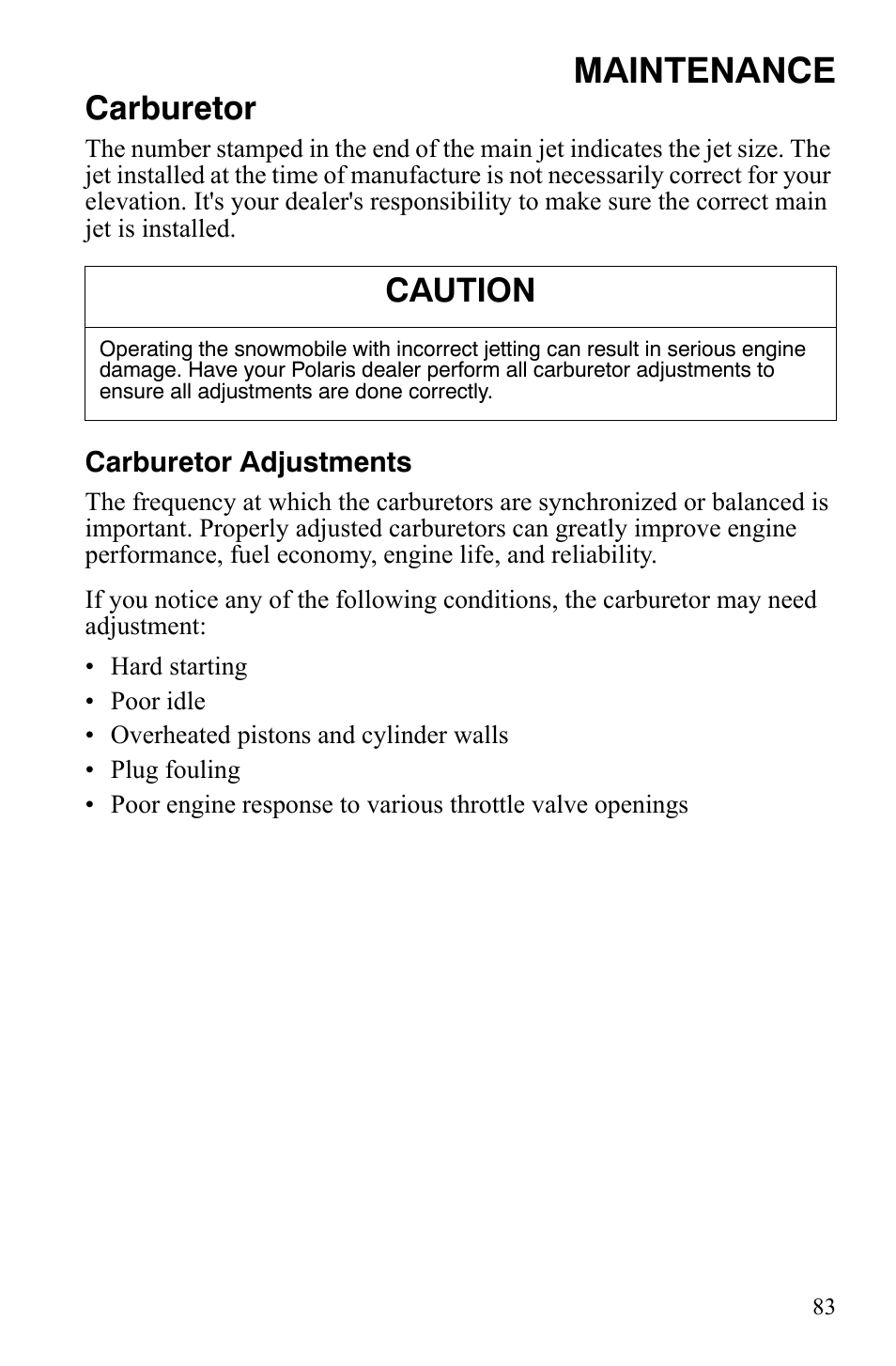 Maintenance, Carburetor, Caution | Polaris 550 Transport User Manual | Page 86 / 139