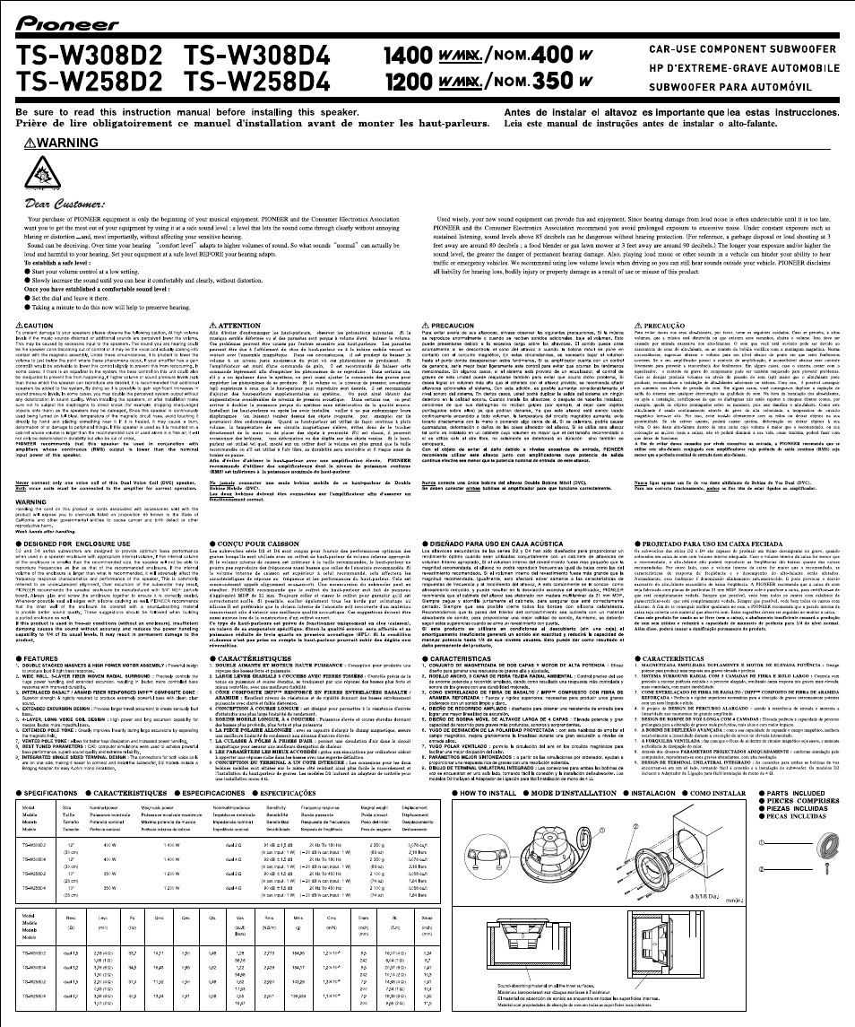 Pioneer Pioneer Car Use Componet Subwoofer TS-W308D2 User Manual | 2 pages