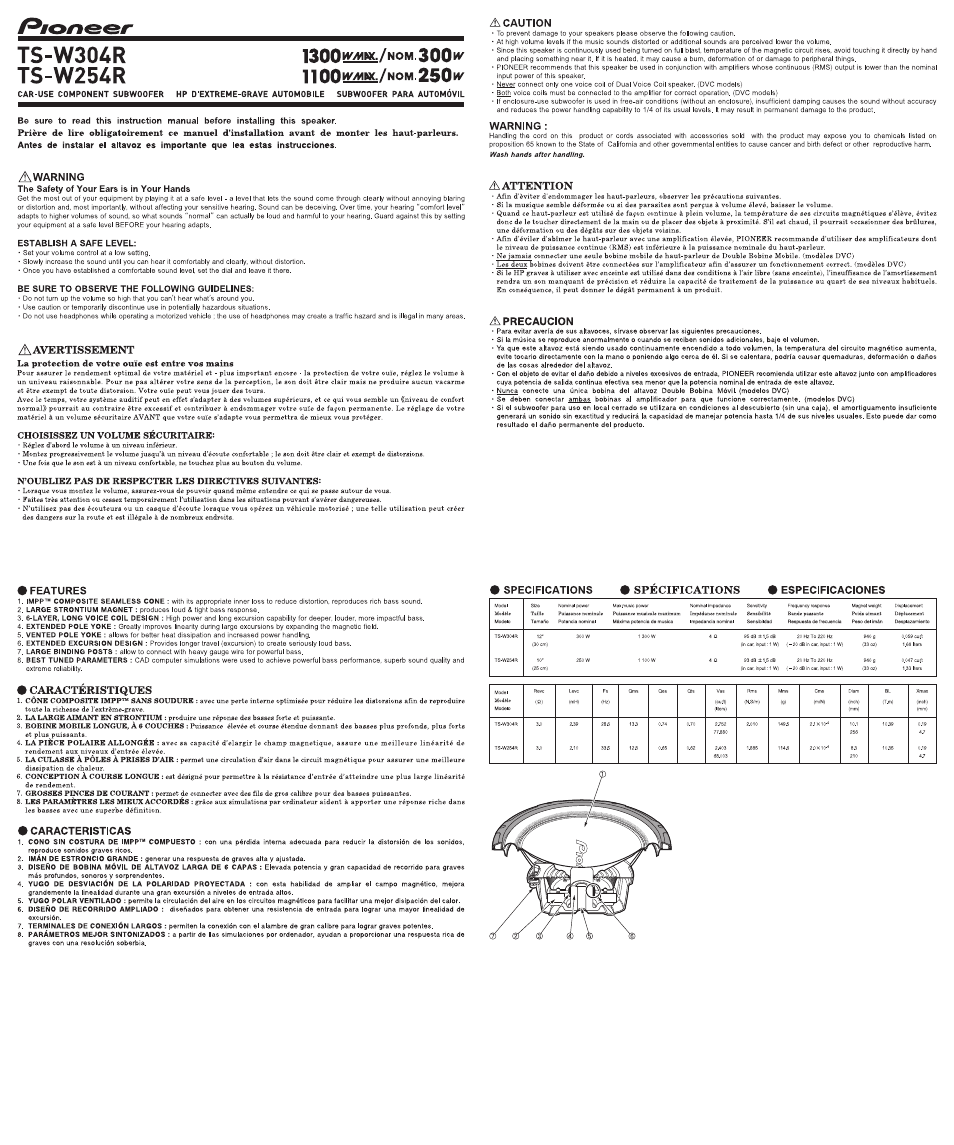 Pioneer Pioneer Car Use Component Subwoofer TS-W304R User Manual | 2 pages