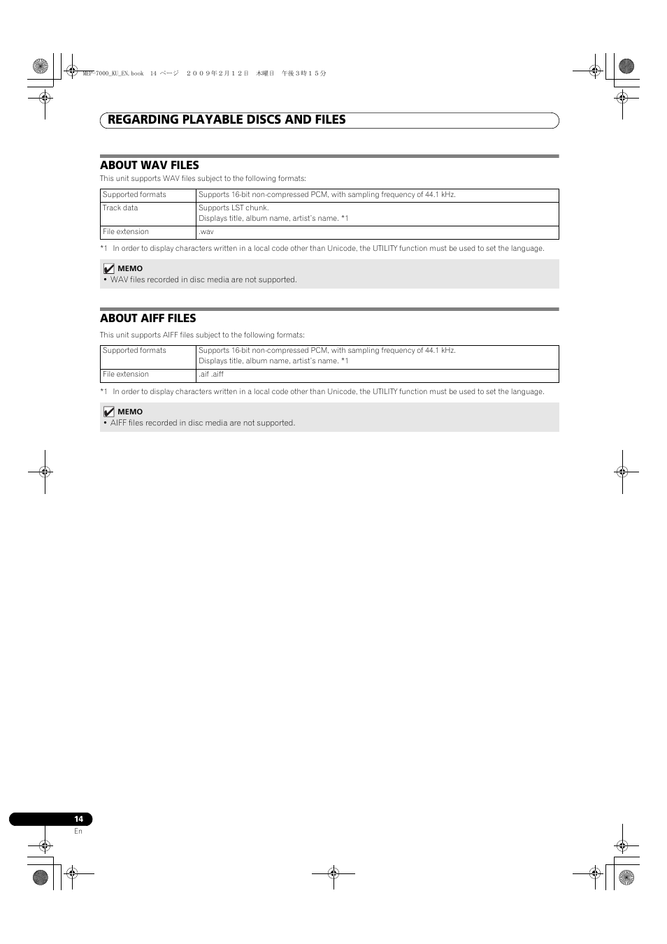 About wav files, Supports lst chunk, Wav files recorded in disc media are not supported | About aiff files, About wav files about aiff files, Regarding playable discs and files | Pioneer Pioneer Multi Entertainment Player MEP-7000 User Manual | Page 14 / 72