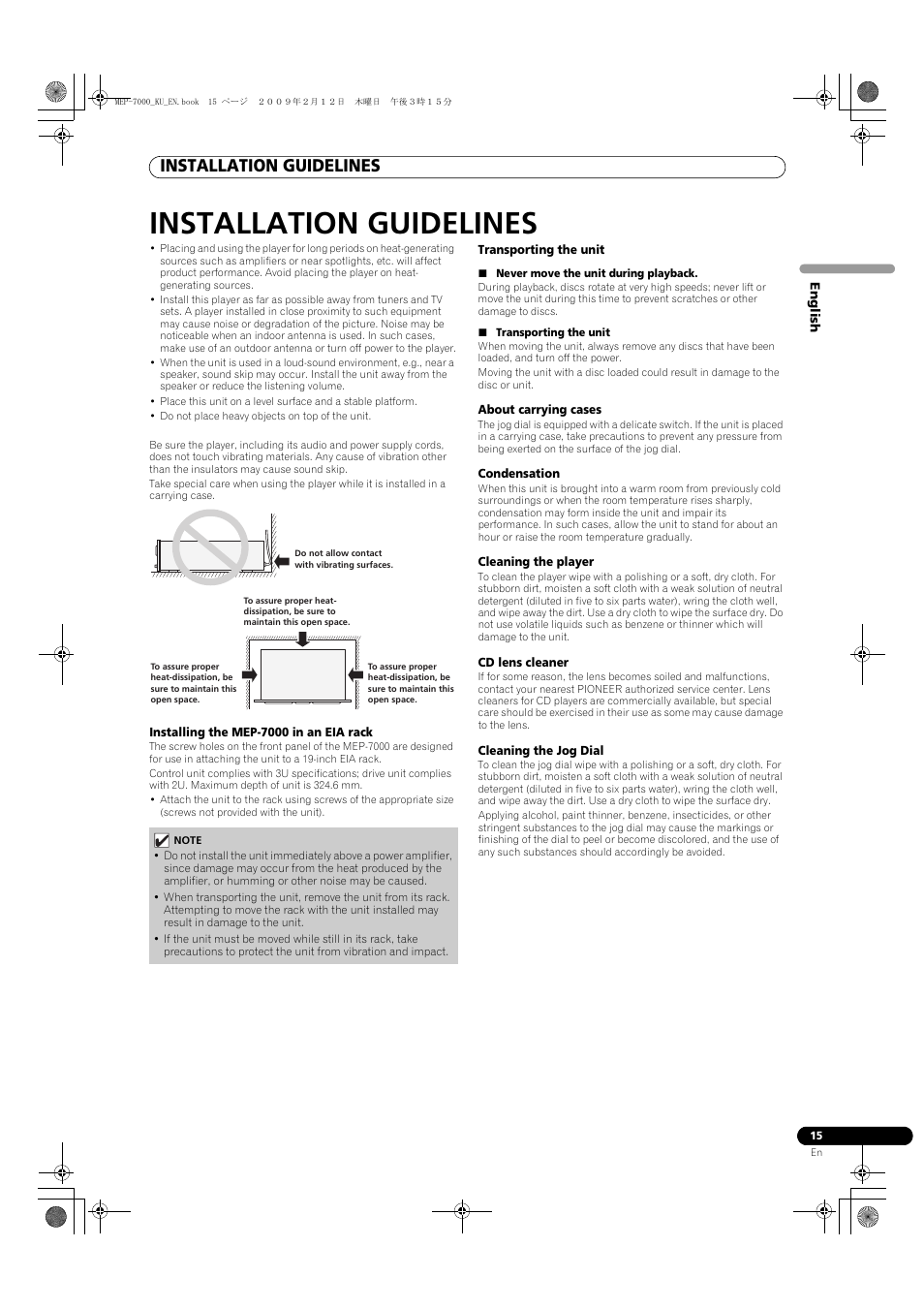 Installation guidelines, Never move the unit during playback, Transporting the unit | Pioneer Pioneer Multi Entertainment Player MEP-7000 User Manual | Page 15 / 72