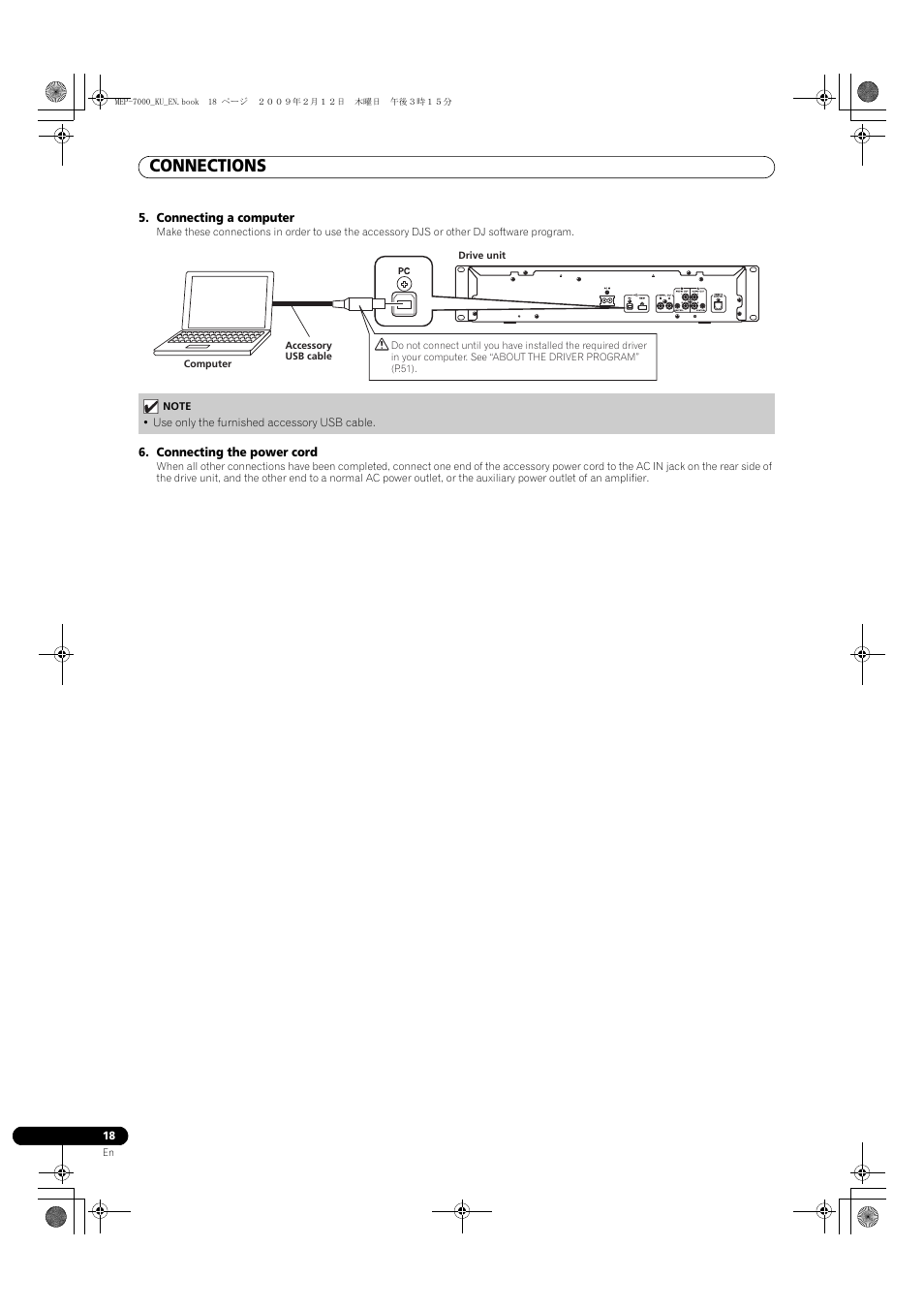 Use only the furnished accessory usb cable, Connections | Pioneer Pioneer Multi Entertainment Player MEP-7000 User Manual | Page 18 / 72