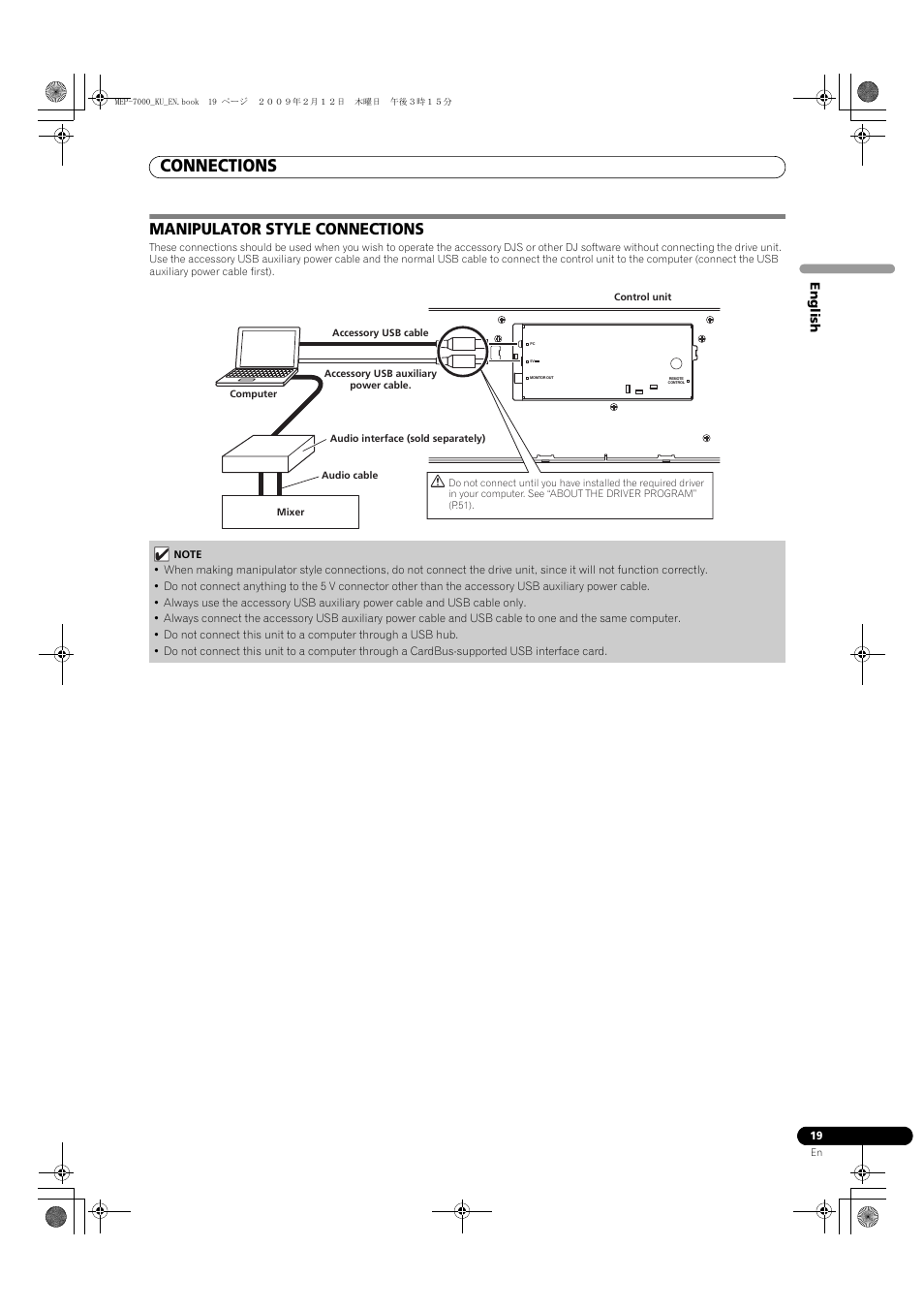 Manipulator style connections, Connections, English | Pioneer Pioneer Multi Entertainment Player MEP-7000 User Manual | Page 19 / 72
