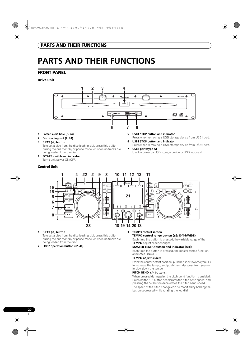 Parts and their functions, Front panel, 1 forced eject hole (p. 24) | 2 disc loading slot (p. 24), 3 eject (h) button, 4 power switch and indicator, 5 usb1 stop button and indicator, 6 usb2 stop button and indicator, 7 usb2 port (type a), 1 eject (h) button | Pioneer Pioneer Multi Entertainment Player MEP-7000 User Manual | Page 20 / 72