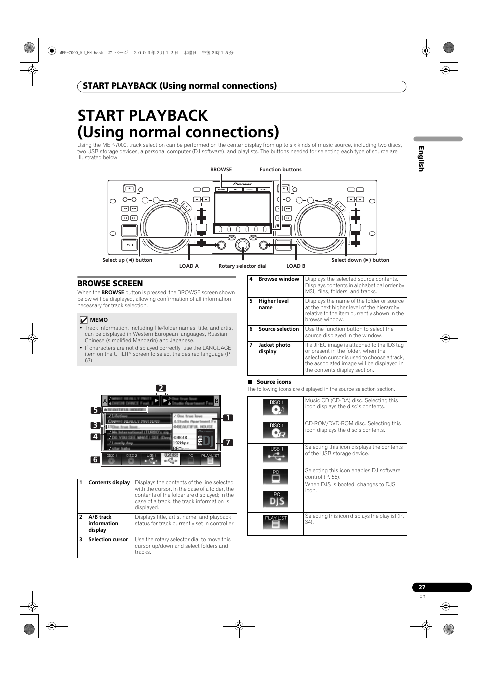 Start playback (using normal connections), Browse screen, 1 contents display | 2 a/b track information display, 3 selection cursor, 4 browse window, 5 higher level name, 6 source selection, 7 jacket photo display, Source icons | Pioneer Pioneer Multi Entertainment Player MEP-7000 User Manual | Page 27 / 72