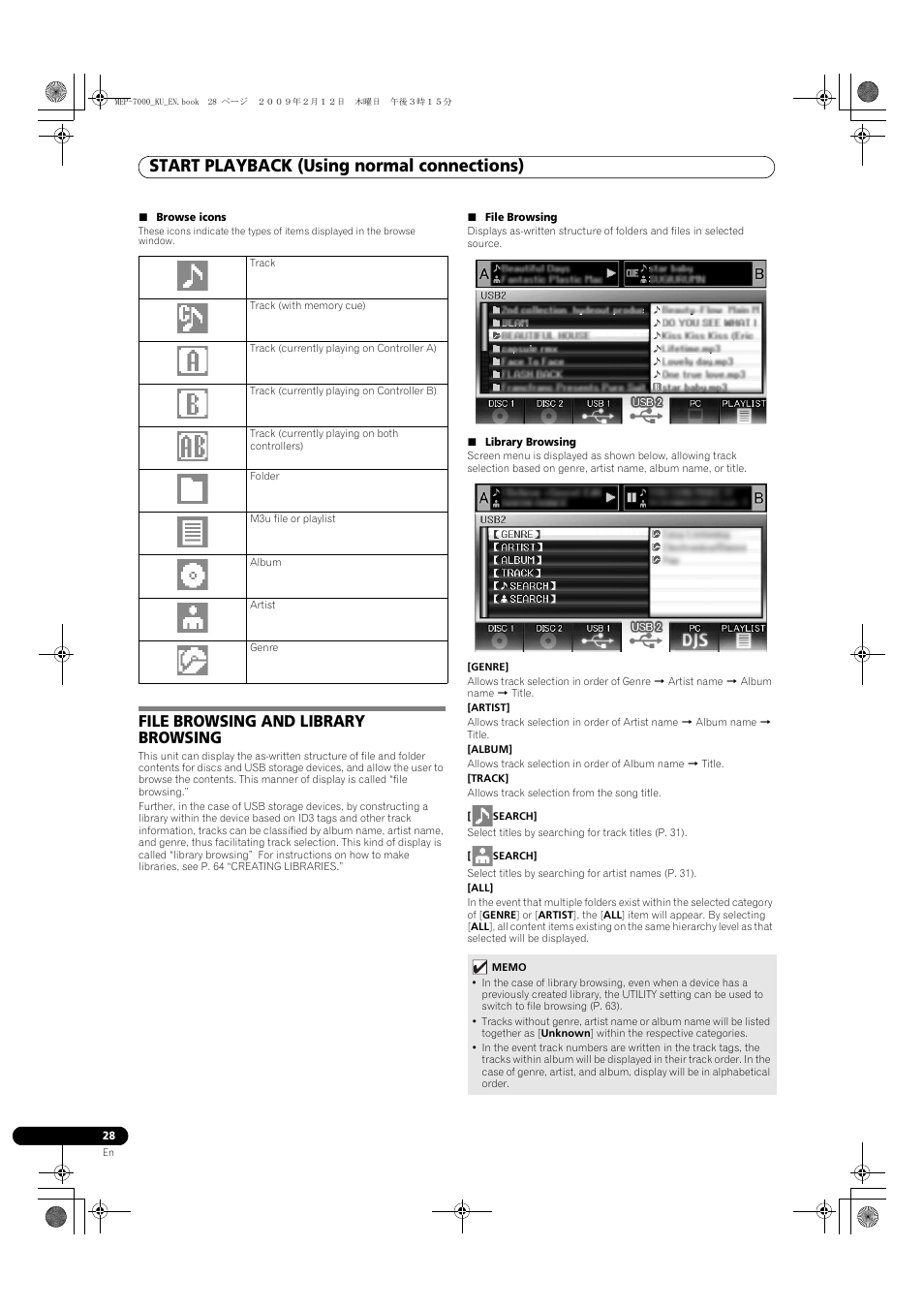 Browse icons, File browsing and library browsing, File browsing | Library browsing, Start playback (using normal connections) | Pioneer Pioneer Multi Entertainment Player MEP-7000 User Manual | Page 28 / 72