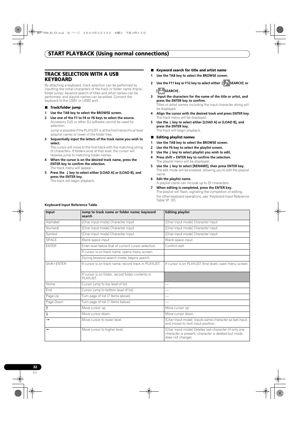 Track selection with a usb keyboard, Track/folder jump, 1 use the tab key to select the browse screen | Keyword search for title and artist name, Editing playlist names, 2 use the f6 key to select the playlist screen, 4 press shift + enter key to confirm the selection, 6 edit the playlist name, 7 when editing is completed, press the enter key, Start playback (using normal connections) | Pioneer Pioneer Multi Entertainment Player MEP-7000 User Manual | Page 32 / 72