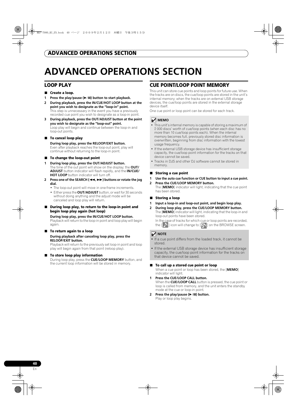 Advanced operations section, Loop play, Create a loop | To cancel loop play, During loop play, press the reloop/exit button, To change the loop-out point, 1 during loop play, press the out/adjust button, During loop play, press the in/cue/hot loop button, To return again to a loop, To store loop play information | Pioneer Pioneer Multi Entertainment Player MEP-7000 User Manual | Page 40 / 72