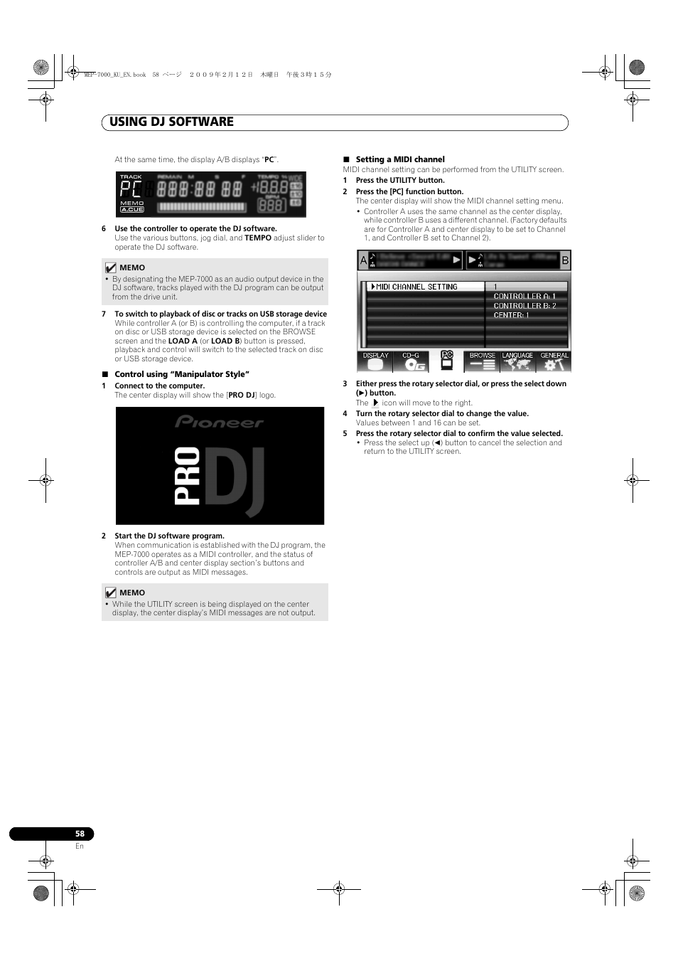 6 use the controller to operate the dj software, Control using “manipulator style, 1 connect to the computer | 2 start the dj software program, Setting a midi channel, 1 press the utility button, 2 press the [pc] function button, Using dj software | Pioneer Pioneer Multi Entertainment Player MEP-7000 User Manual | Page 58 / 72