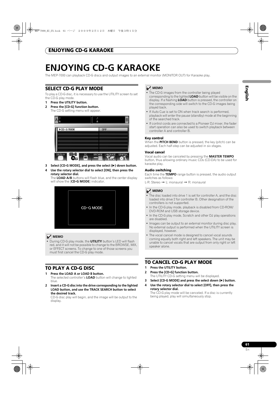 Enjoying cd-g karaoke, Select cd-g play mode, 1 press the utility button | 2 press the [cd-g] function button, To play a cd-g disc, 1 press the load a or load b button, Key control, Vocal cancel, Audio switching, To cancel cd-g play mode | Pioneer Pioneer Multi Entertainment Player MEP-7000 User Manual | Page 61 / 72