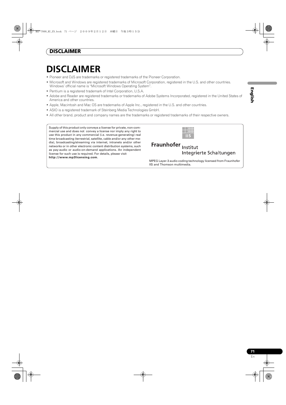 Disclaimer | Pioneer Pioneer Multi Entertainment Player MEP-7000 User Manual | Page 71 / 72