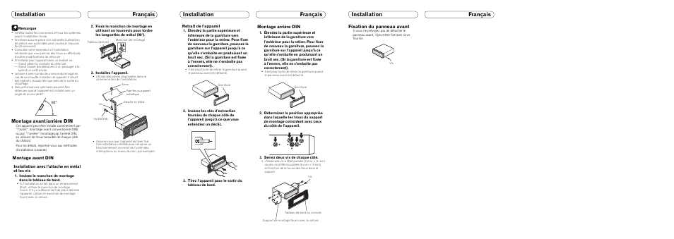 Installation français, Montage avant/arrière din, Fixation du panneau avant | Montage avant din, Montage arrière din | Pioneer Premier DEH-P510UB User Manual | Page 7 / 8