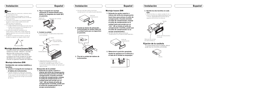 Instalación español, Montaje delantero/trasero din, Fijación de la carátula | Montaje delantero din, Montaje trasero din | Pioneer Premier DEH-P510UB User Manual | Page 8 / 8