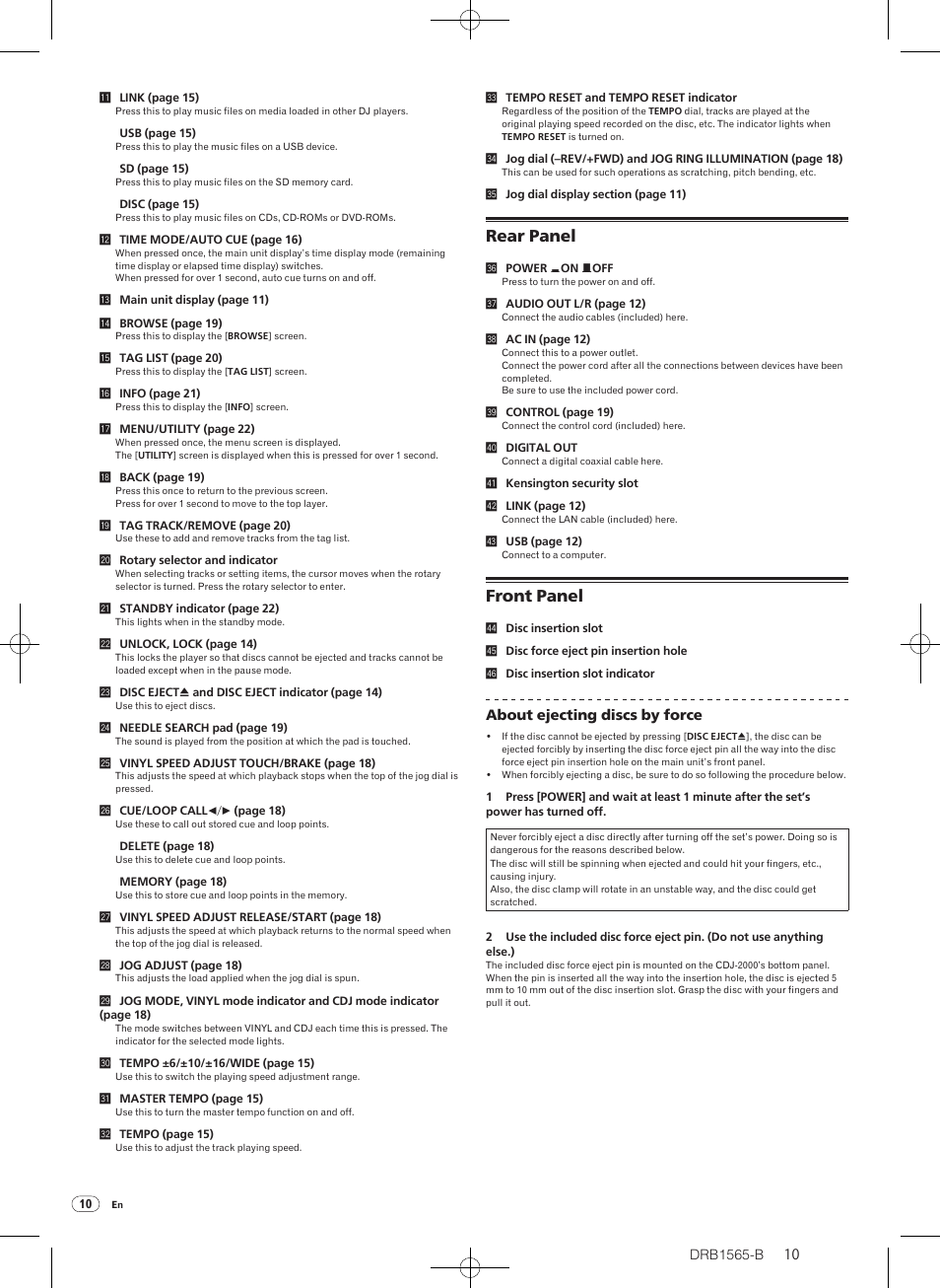 Rear panel front panel, Rear panel, Front panel | Pioneer Pioneer Multi Player CDJ-2000 User Manual | Page 10 / 32