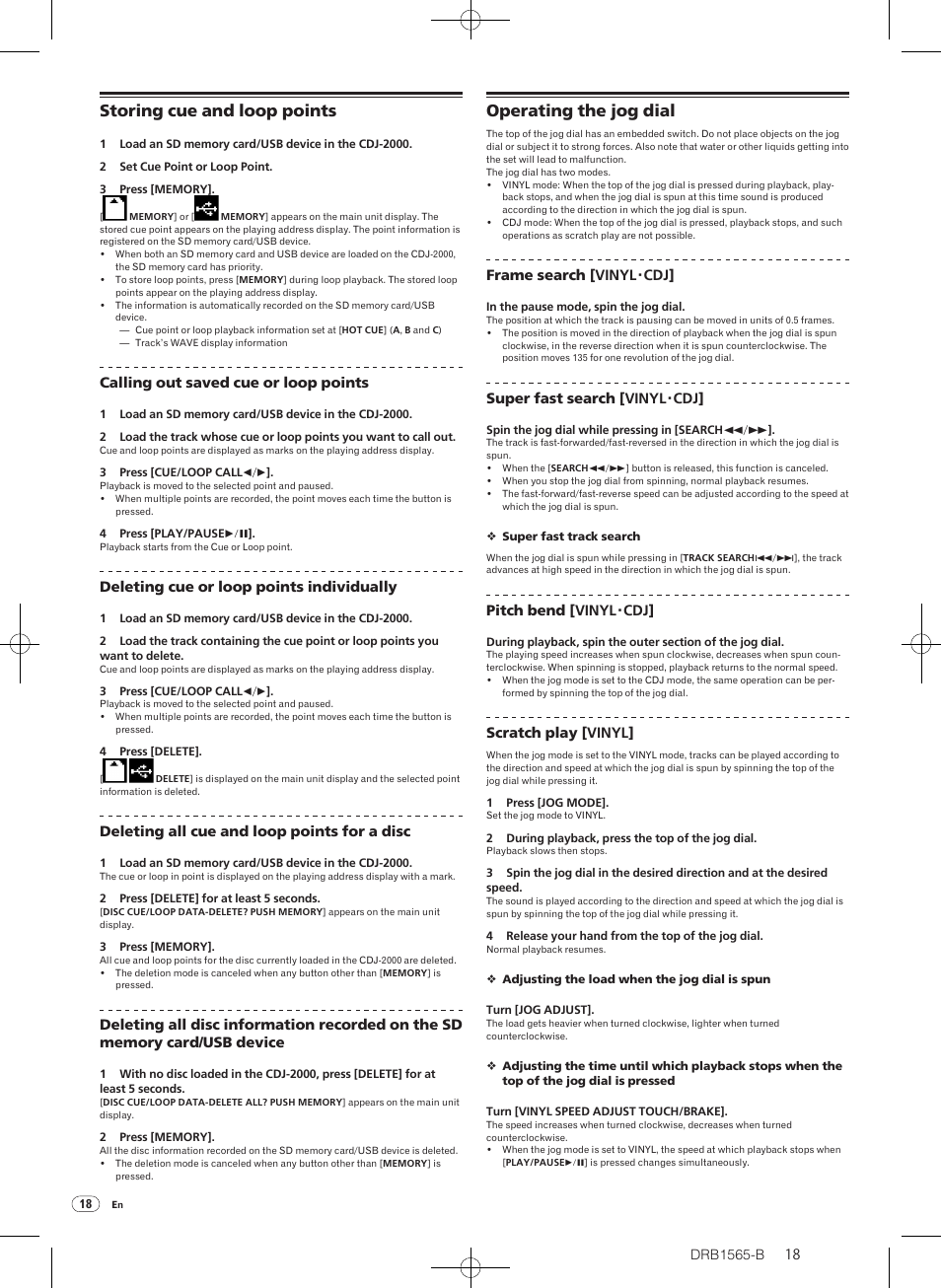 Storing cue and loop points operating the jog dial, Storing cue and loop points, Operating the jog dial | Pioneer Pioneer Multi Player CDJ-2000 User Manual | Page 18 / 32