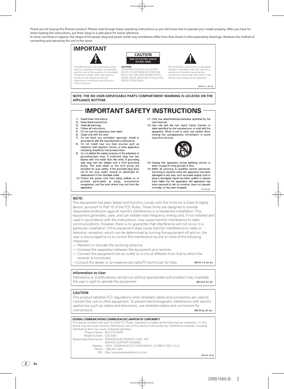 Important, Caution | Pioneer Pioneer Multi Player CDJ-2000 User Manual | Page 2 / 32