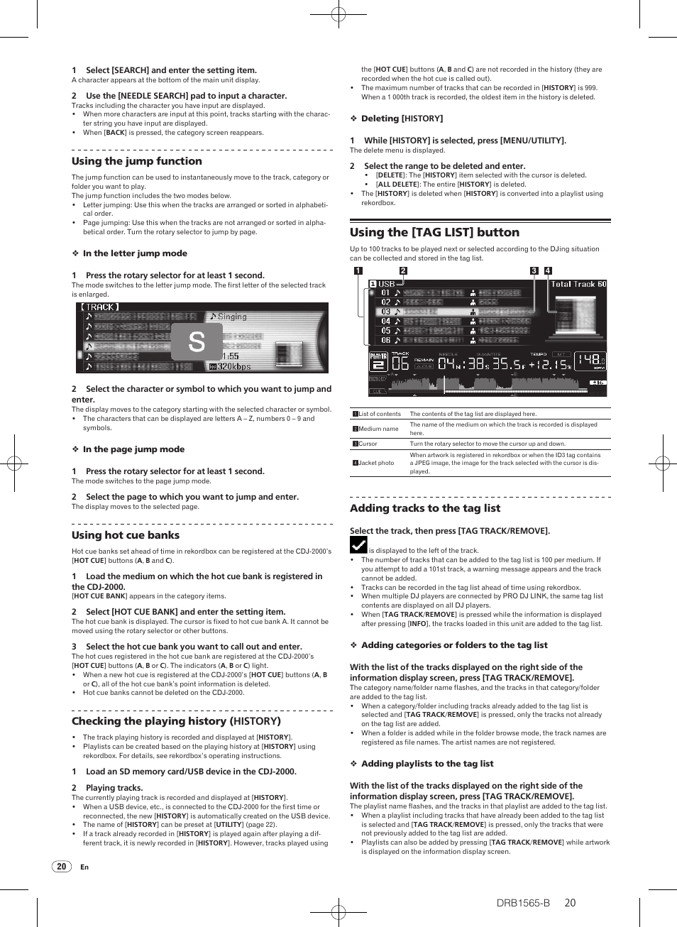 Using the [tag list] button, Using the jump function, Using hot cue banks | Checking the playing history (history), Adding tracks to the tag list | Pioneer Pioneer Multi Player CDJ-2000 User Manual | Page 20 / 32