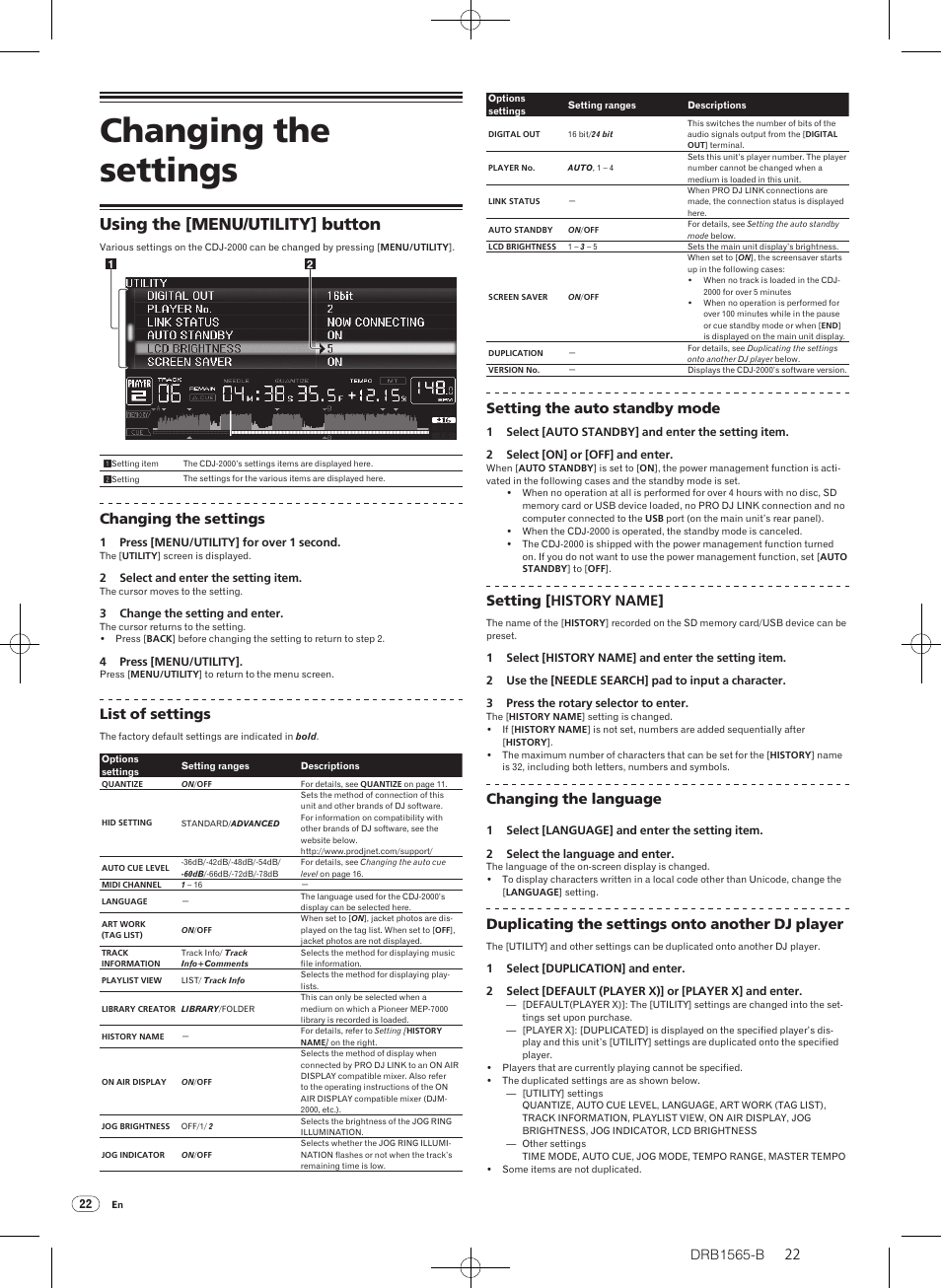 Changing the settings, Using the [menu/utility] button, List of settings | Setting the auto standby mode, Setting [history name, Changing the language, Duplicating the settings onto another dj player | Pioneer Pioneer Multi Player CDJ-2000 User Manual | Page 22 / 32