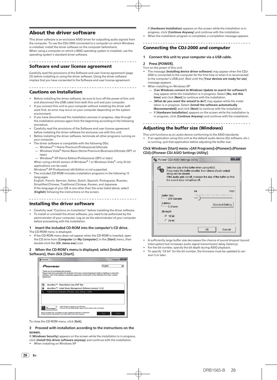 About the driver software, Software end user license agreement, Cautions on installation | Installing the driver software, Connecting the cdj-2000 and computer, Adjusting the buffer size (windows) | Pioneer Pioneer Multi Player CDJ-2000 User Manual | Page 26 / 32