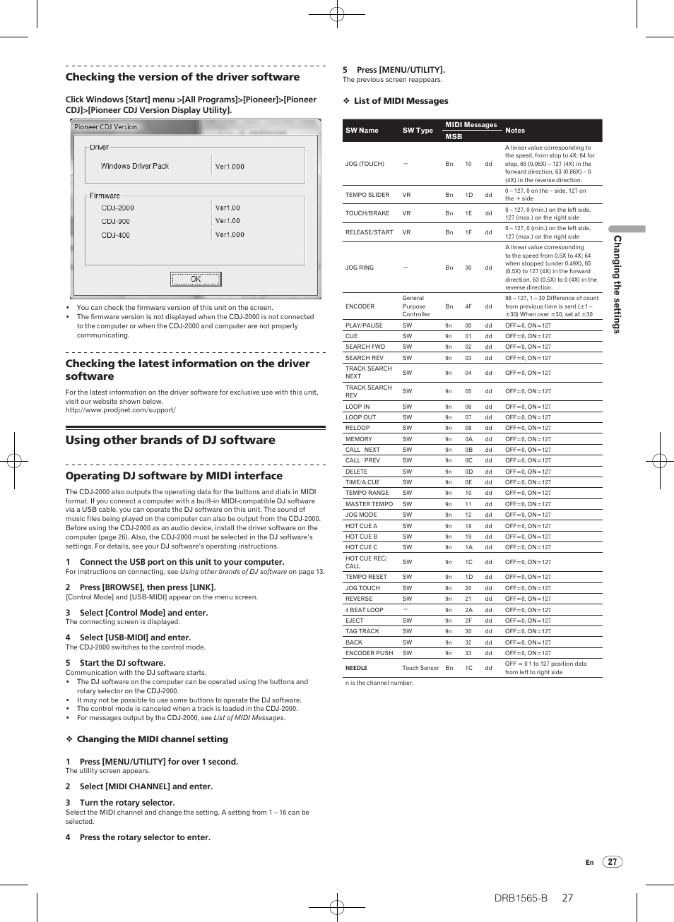 Using other brands of dj software, Checking the version of the driver software, Operating dj software by midi interface | Chang ing the settings | Pioneer Pioneer Multi Player CDJ-2000 User Manual | Page 27 / 32