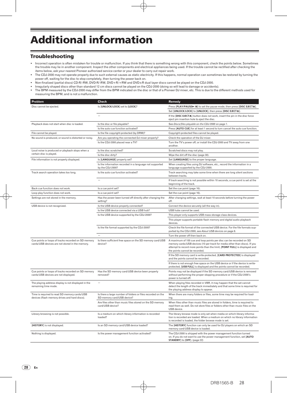 Additional information, Troubleshooting | Pioneer Pioneer Multi Player CDJ-2000 User Manual | Page 28 / 32
