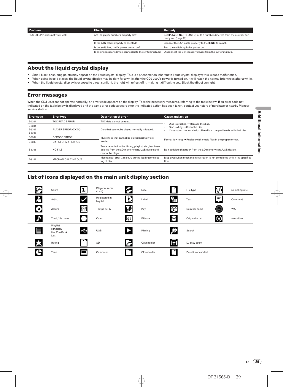 About the liquid crystal display, Error messages | Pioneer Pioneer Multi Player CDJ-2000 User Manual | Page 29 / 32