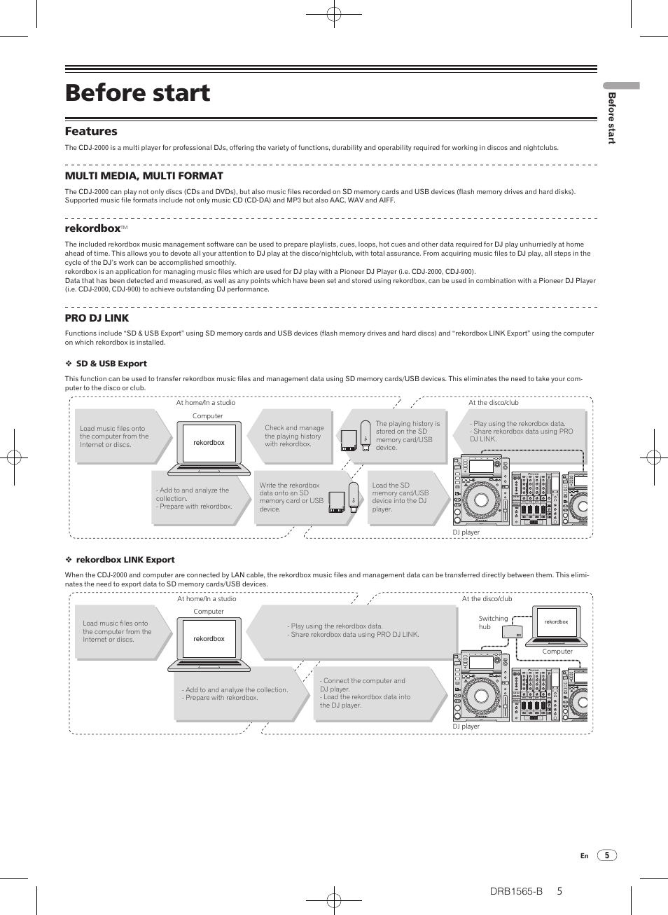 Before start, Features, Multi media, multi format | Rekordbox, Pro dj link | Pioneer Pioneer Multi Player CDJ-2000 User Manual | Page 5 / 32